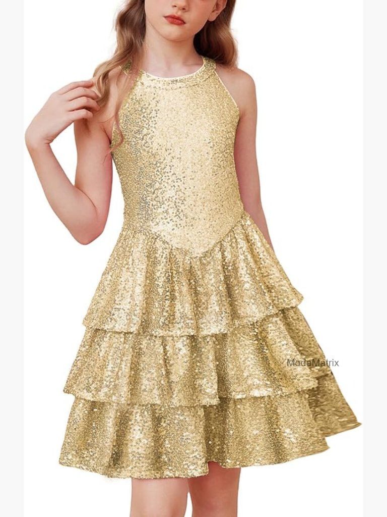 Kids Sequin Party Dress Halter Flared A-Line Formal Size 6-14